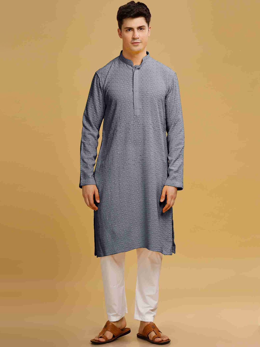 

Anouk Pure Cotton Geometric Sequence Embroidered Kurta and Pyjama, Grey