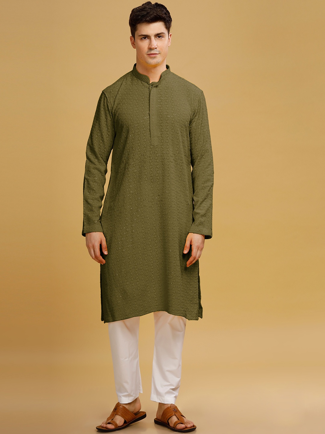 

Anouk Pure Cotton Geometric Sequence Embroidered Kurta and Pyjama, Olive