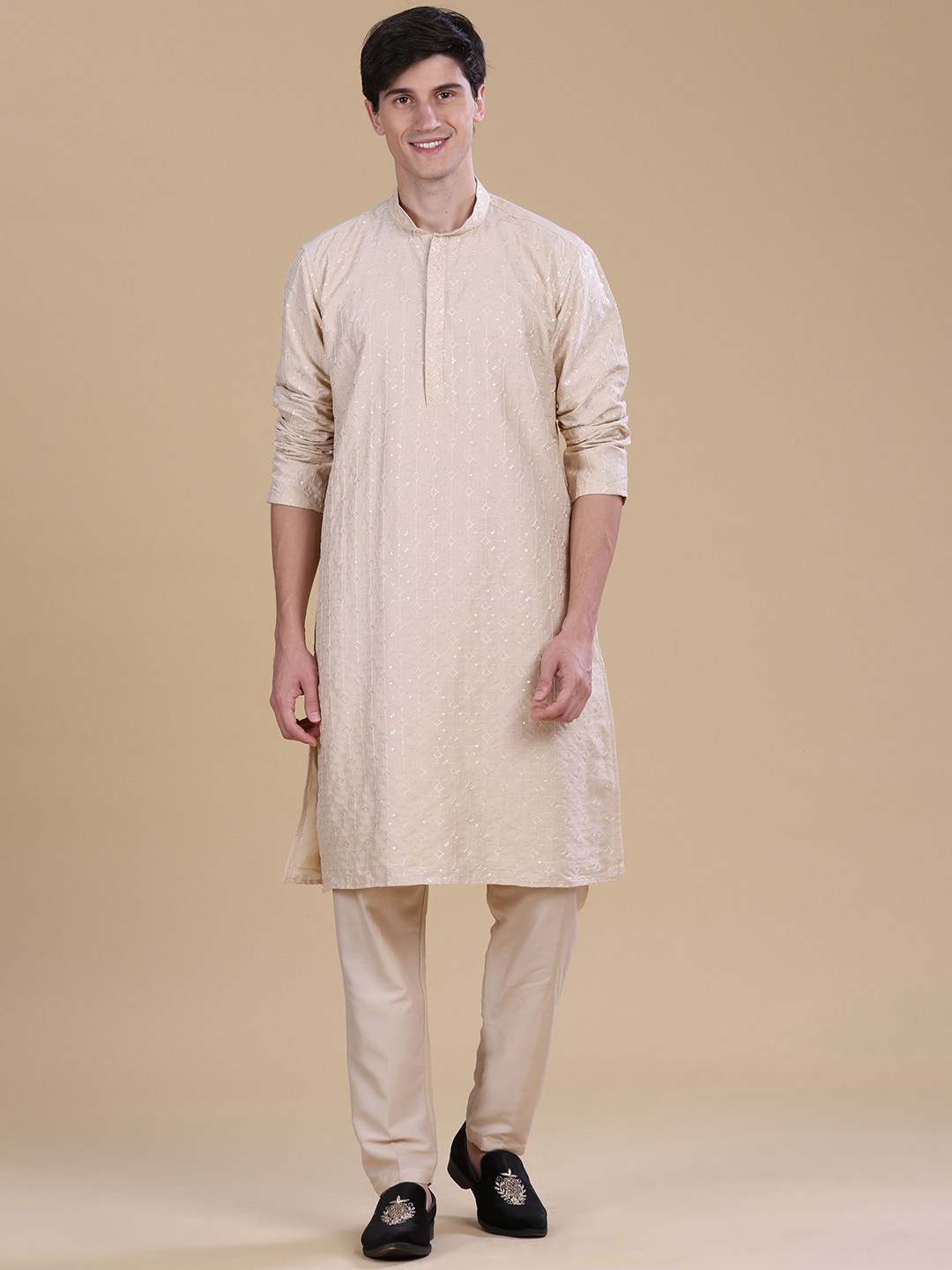 

Anouk Men Embroidered Straight Sequinned Kurta with Pyjamas, Beige