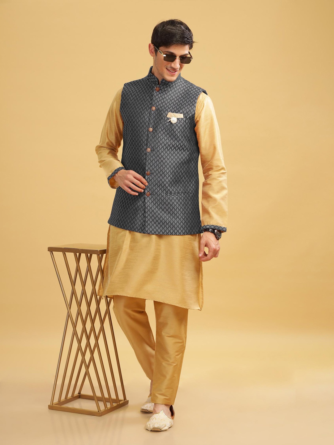 

Anouk Blue Straight Dupion Silk Kurta with Trousers & Nehru Jacket, Beige