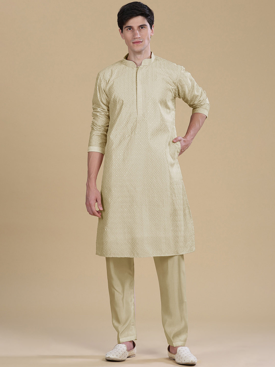 

Anouk Cream Coloured Embroidered Sequined Straight Kurta with Pyjamas