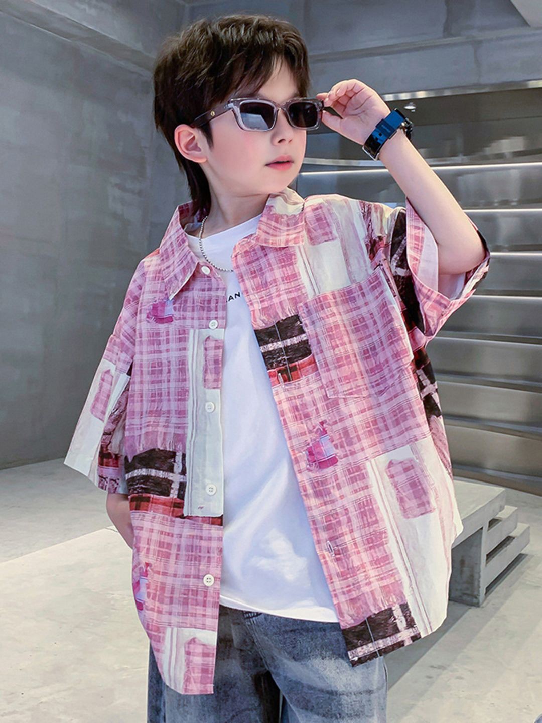 

INCLUD Boys Tartan Checks Opaque Checked Casual Shirt, Pink