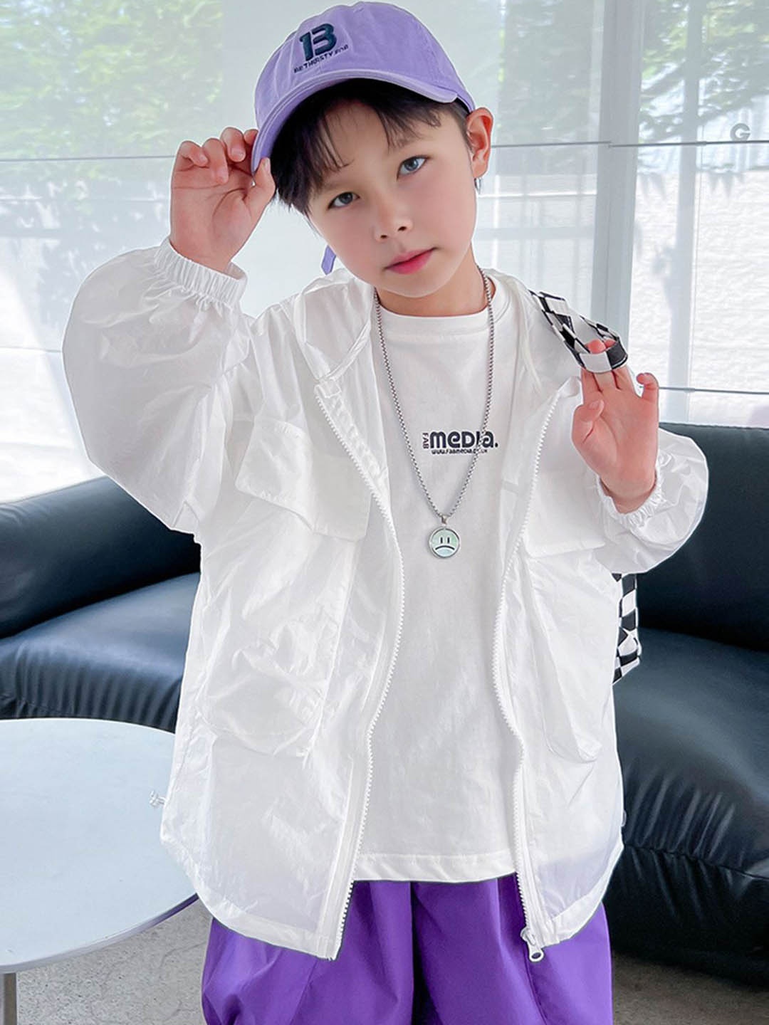 

INCLUD Boys Solid Windcheater Long Sleeve Tailored Summer Jacket with Pocket, White