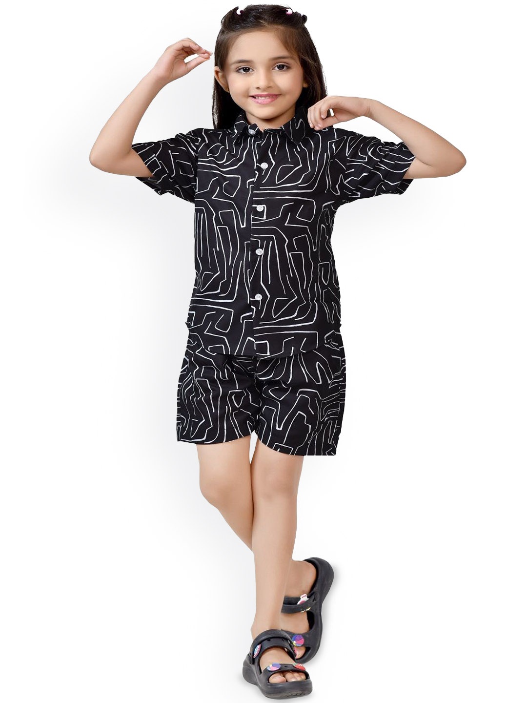 

BAESD Girls Printed Pure Cotton Shirt with Shorts, Black