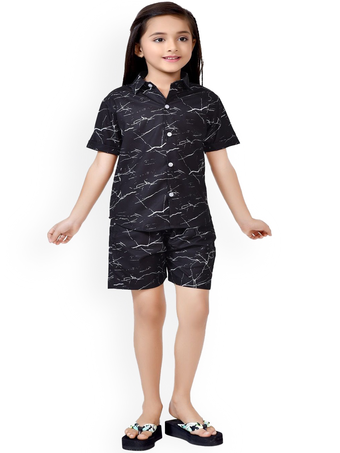 

BAESD Girls Printed Pure Cotton Shirt with Shorts Set, Black