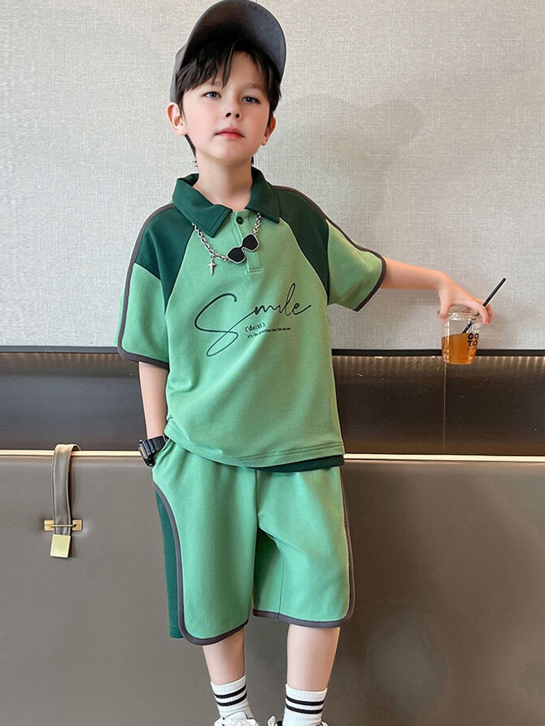 

INCLUD Boys Printed Polo Collar T-shirt with Shorts, Green