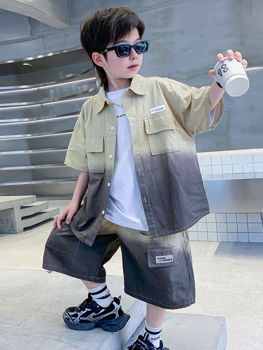 

INCLUD Boys Dyed Shirt With Shorts, Khaki