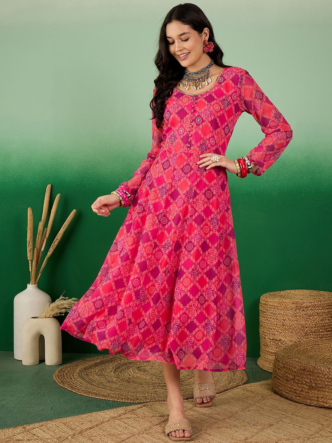 

Sangria Bandhani Printed Embroidered Georgette Fit & Flare Ethnic Dress, Pink