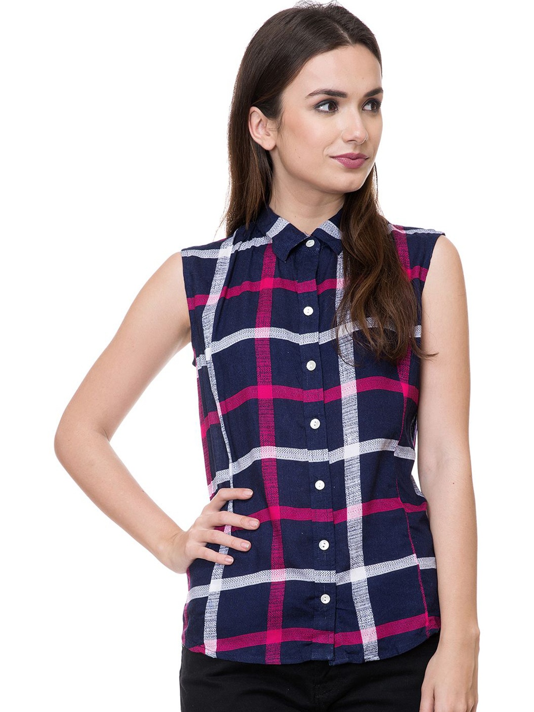 

DressBerry Women Smart Windowpane Check Opaque Checked Sleeveless Shirt, Navy blue