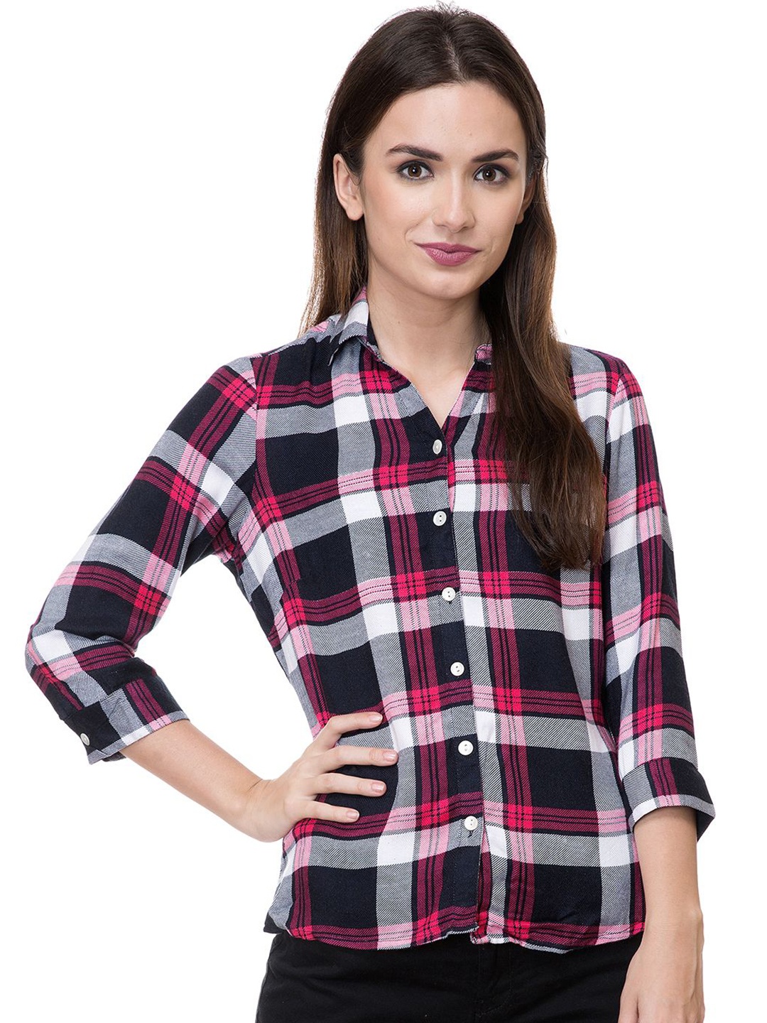 

DressBerry Women Smart Tartan Checks Opaque Checked Party Shirt, Navy blue