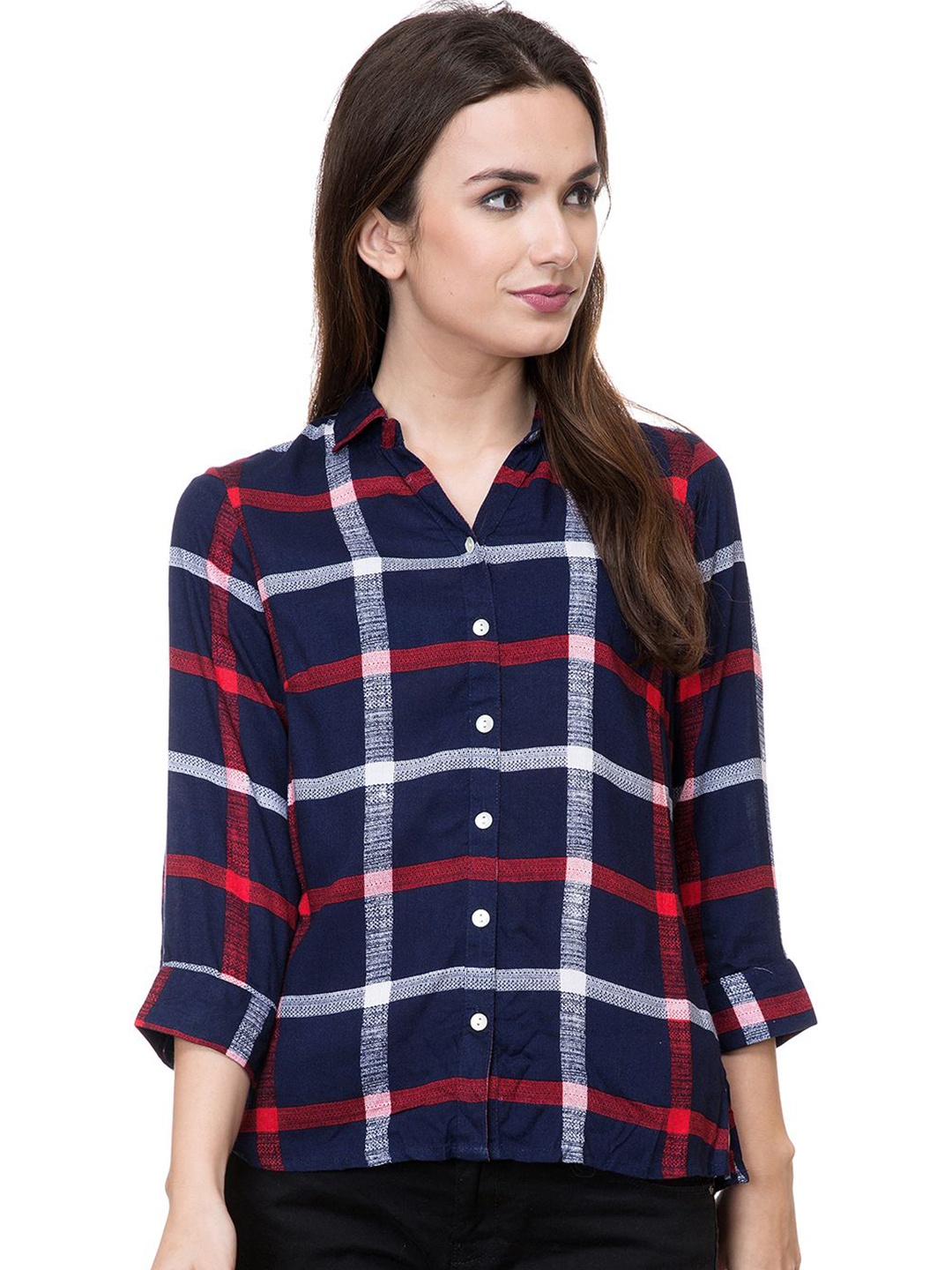 

DressBerry Women Smart Opaque Checked Party Shirt, Navy blue