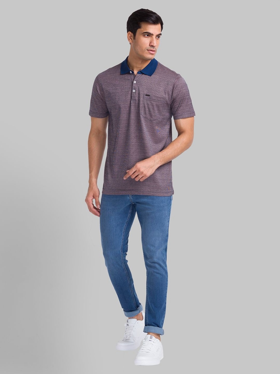 

Park Avenue Men Striped Raglan Sleeves Polo Collar Slim Fit T-shirt, Purple