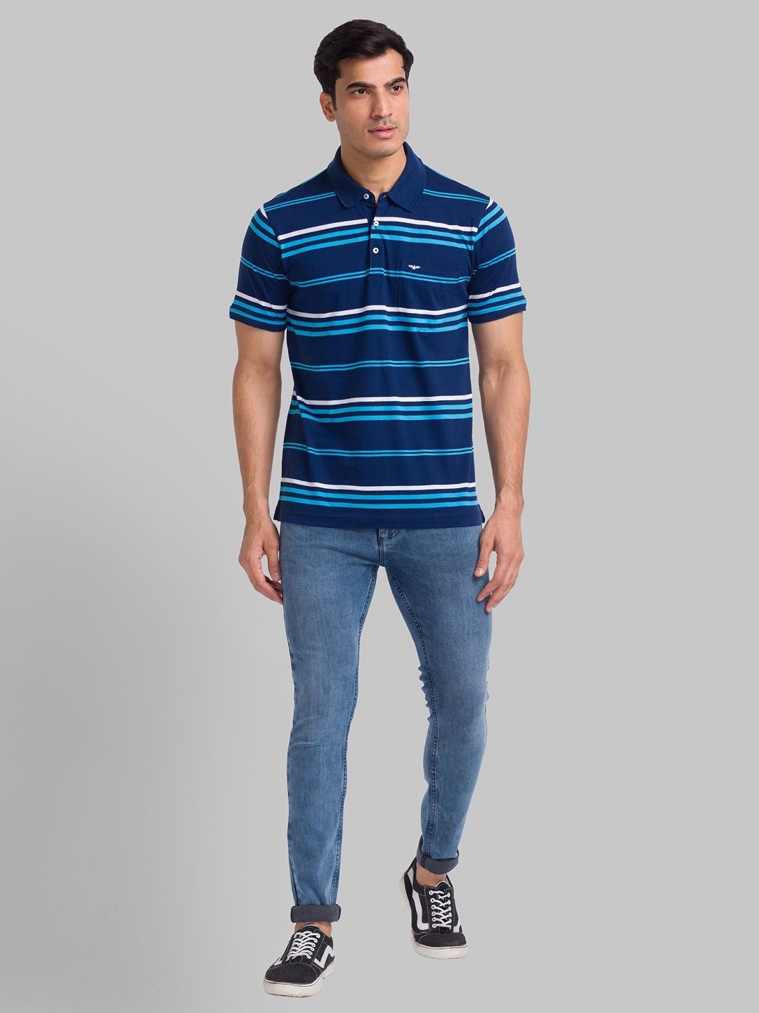 

Park Avenue Men Striped Polo Collar Pockets Slim Fit T-shirt, Blue