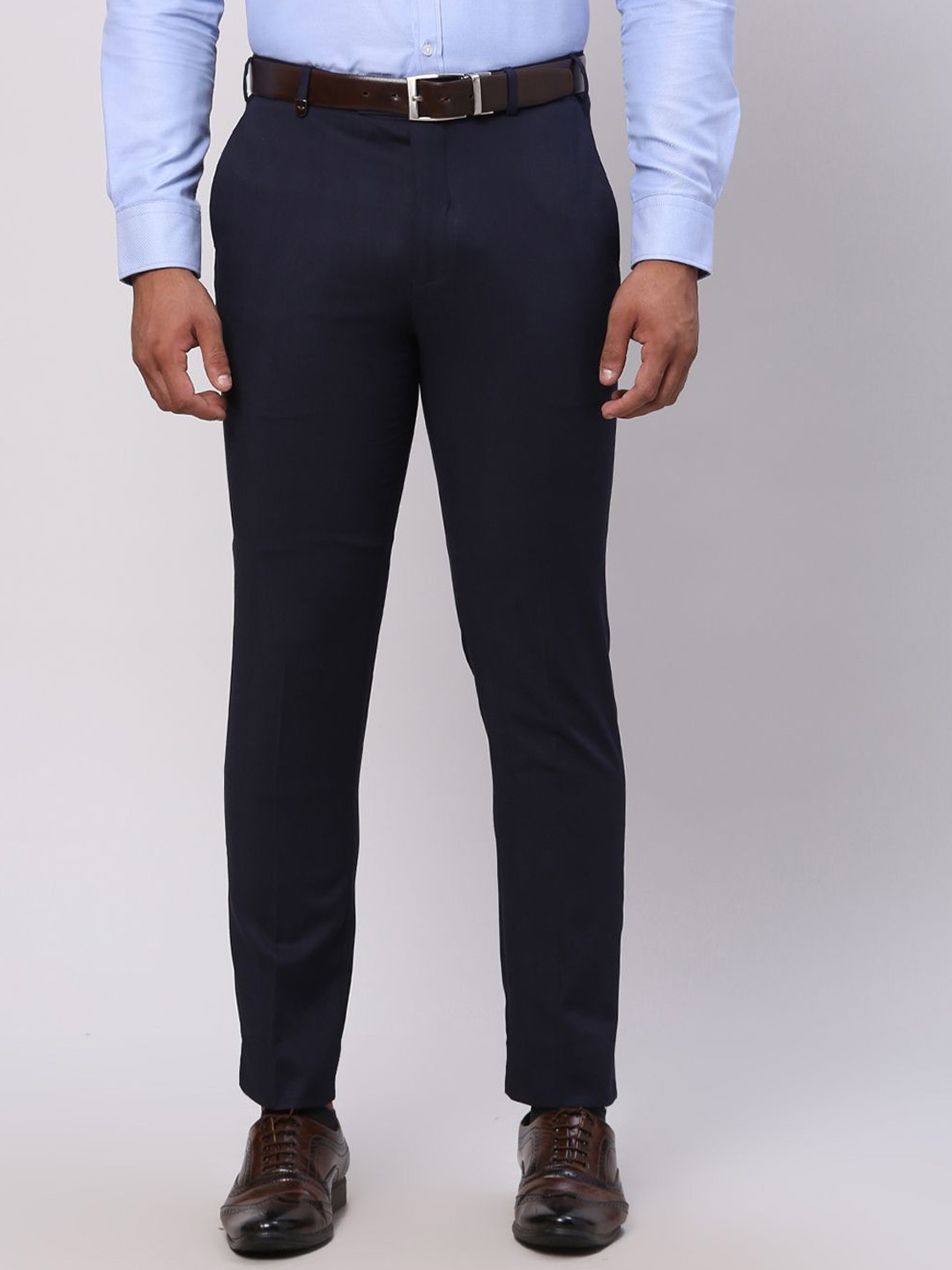 

Park Avenue Men Checked Slim Fit Formal Trousers, Navy blue