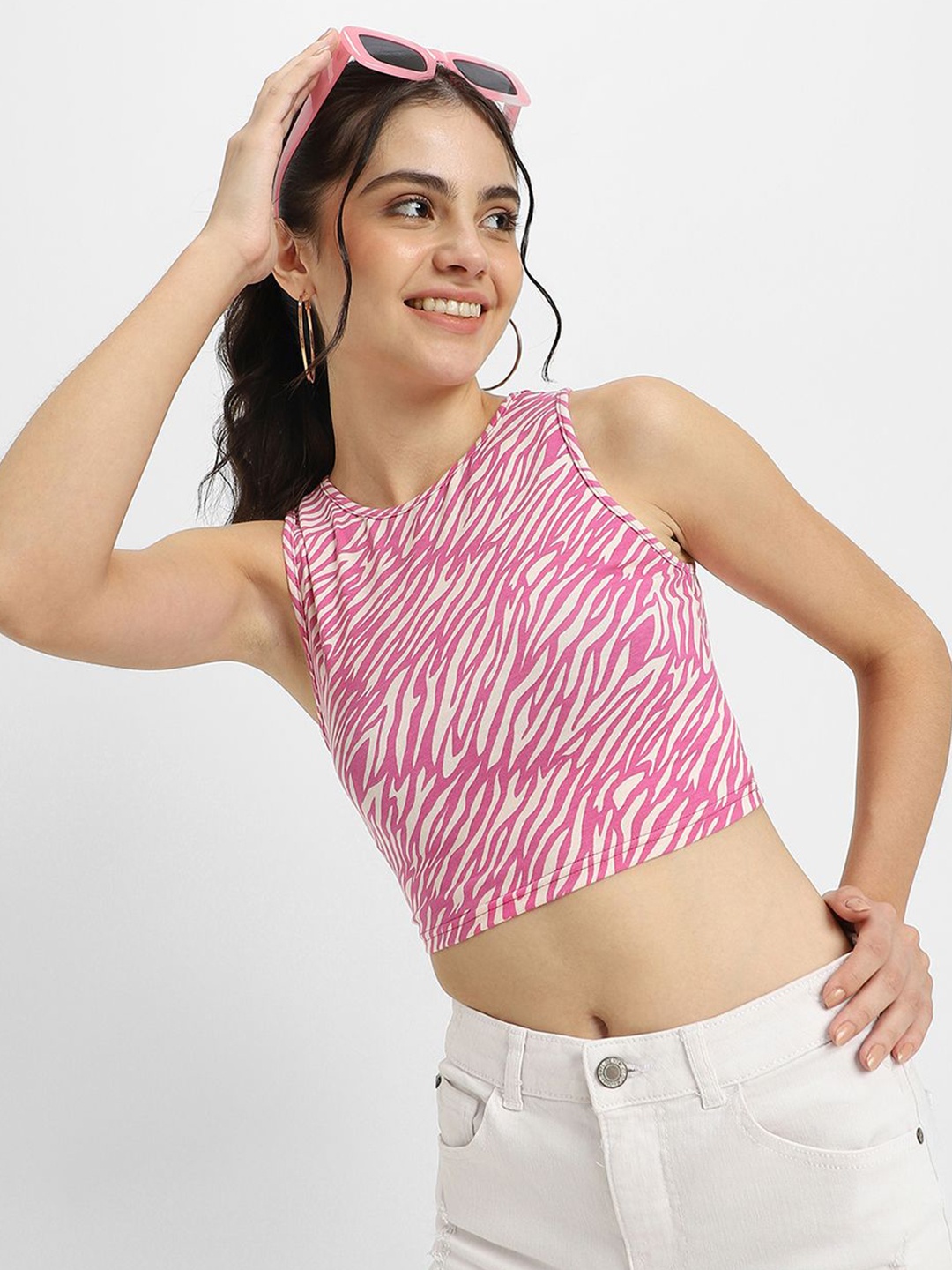 

JUNEBERRY Abstract Printed Cotton Crop Top, Magenta