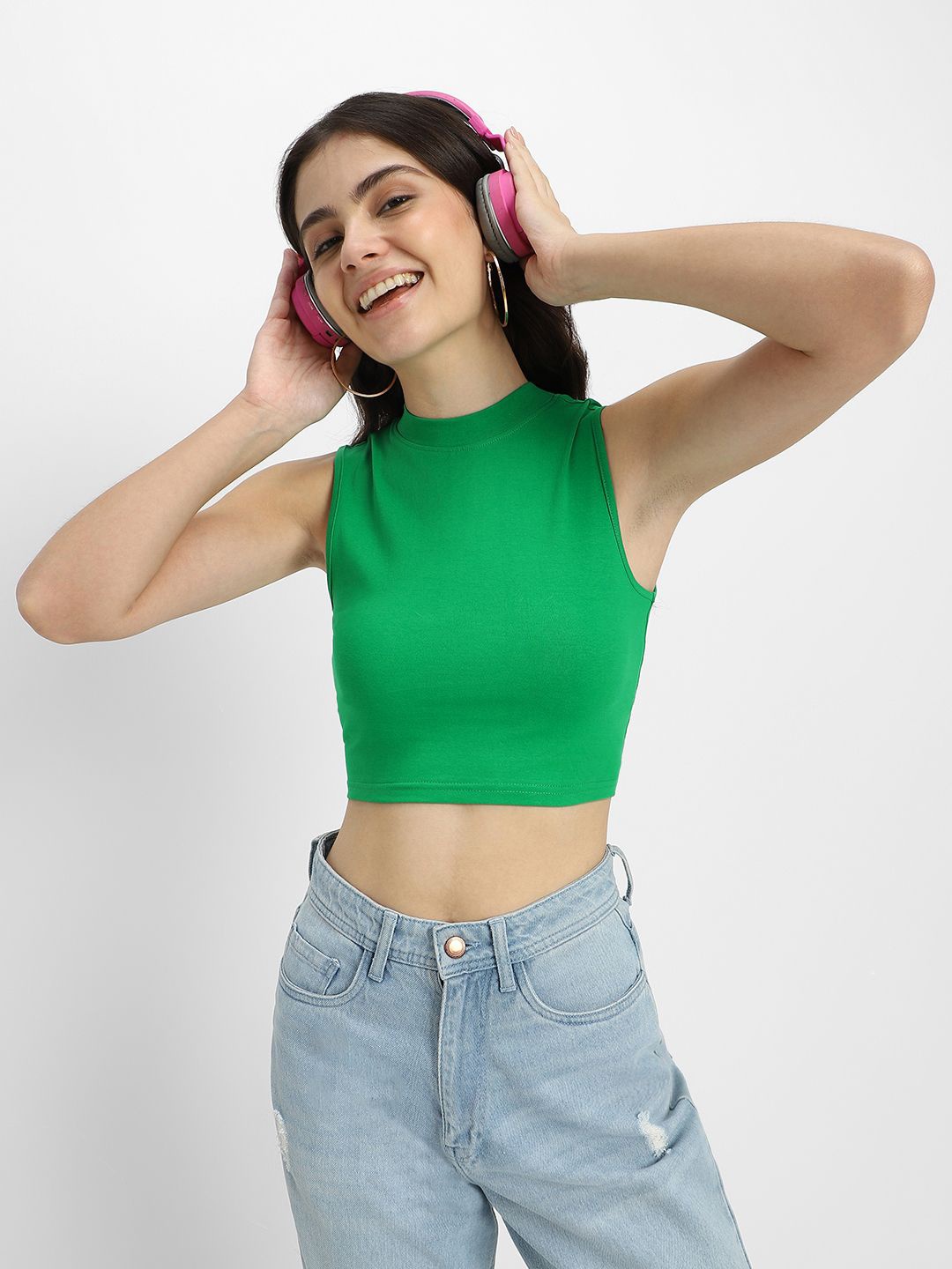 

JUNEBERRY Solid Cotton Crop Top, Green