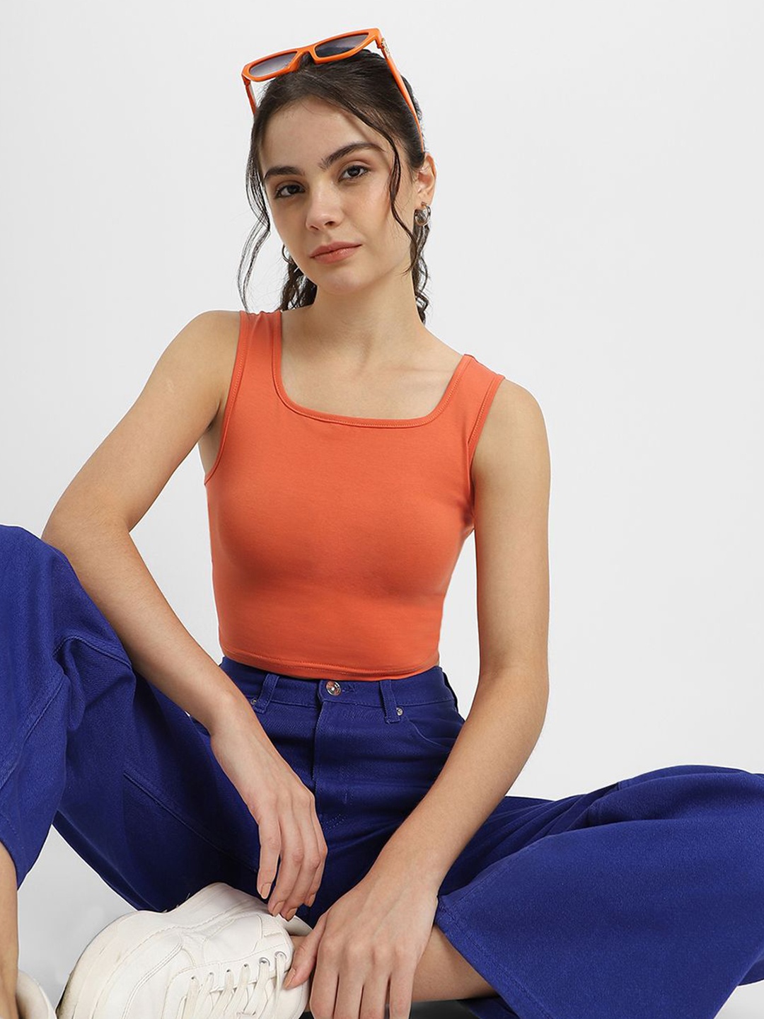 

JUNEBERRY Solid Cotton Sleeveless Tank Top, Orange