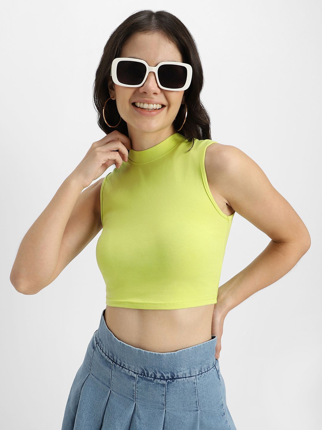 

JUNEBERRY women pure cotton high neck Crop Top, Lime green