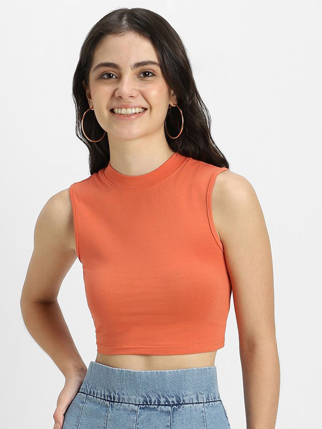 

JUNEBERRY Women Solid High Neck Sleeveless Cotton Tank Crop Top, Orange