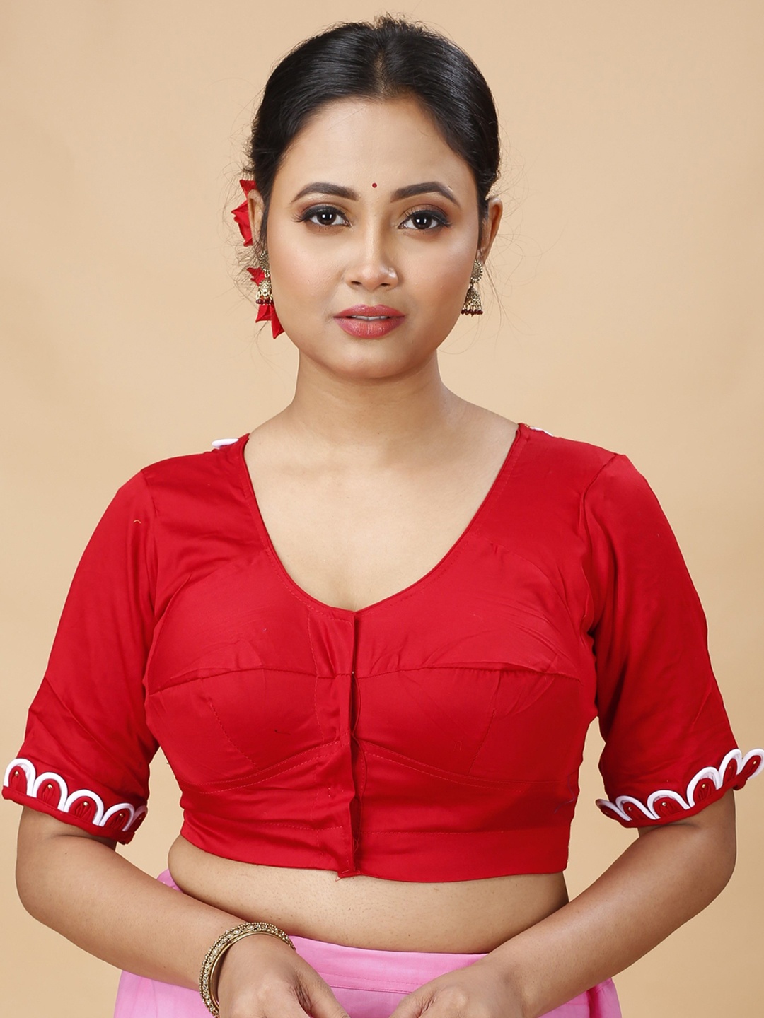 

SLAGHA U-Neck Cotton Saree Blouse, Red