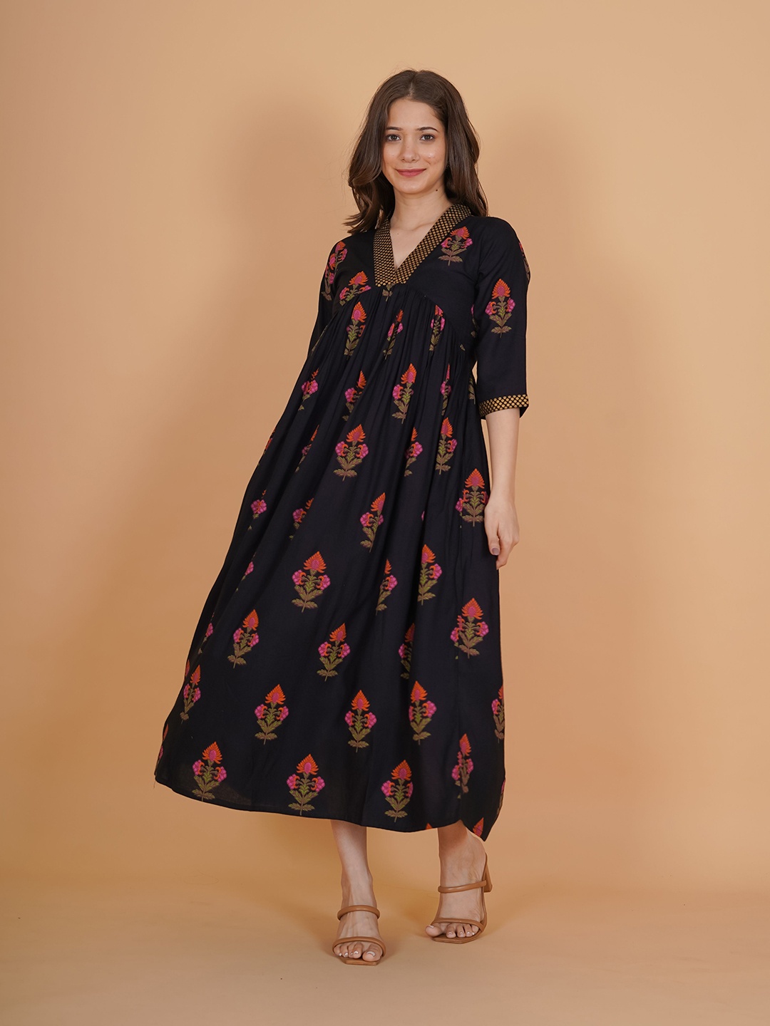 

INDIANIC Floral Print A-Line Midi Dress, Black