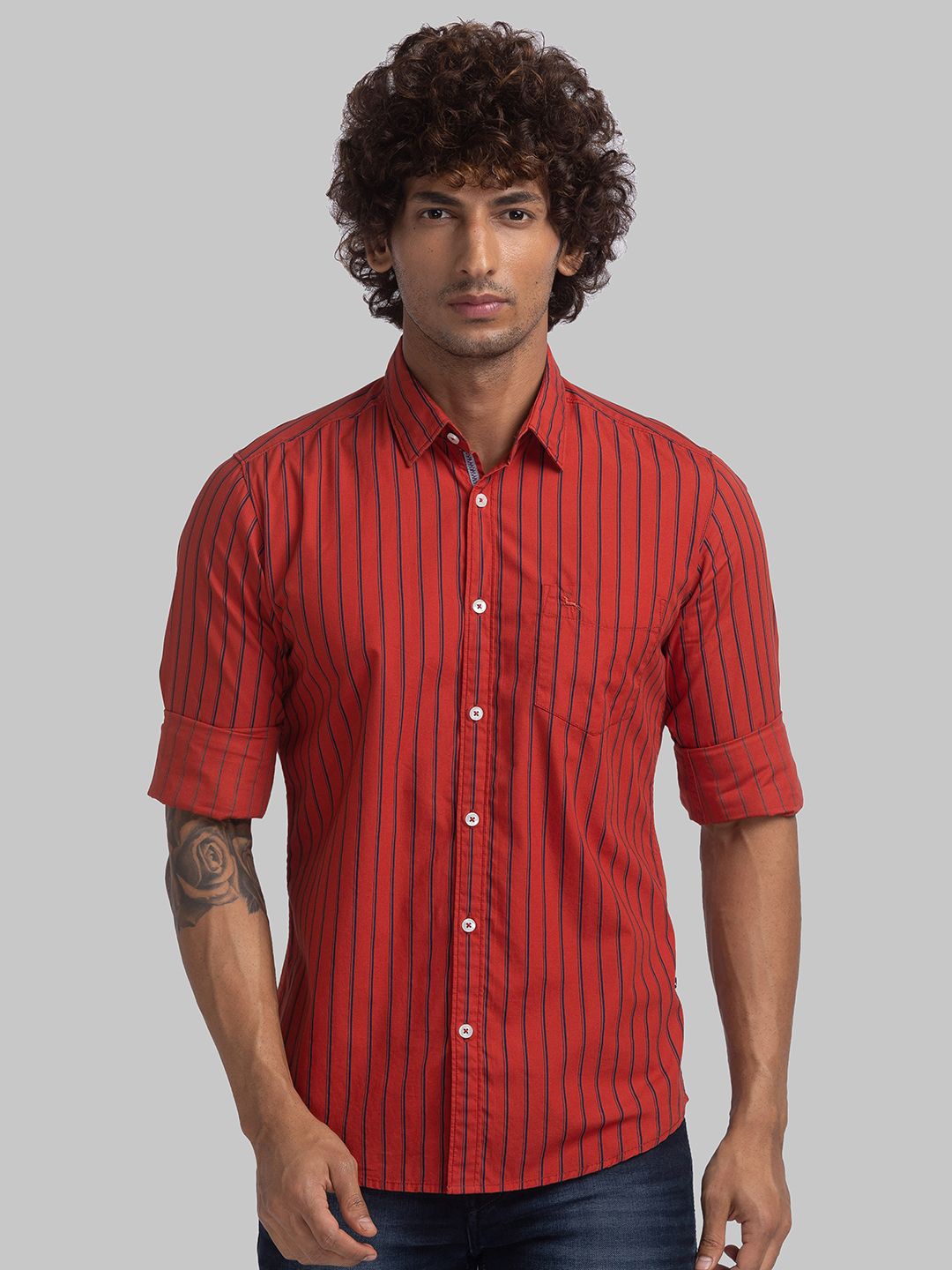 

Parx Men Slim Fit Opaque Striped Casual Shirt, Red