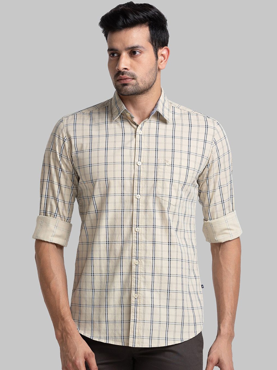 

Parx Men Slim Fit Tartan Checks Opaque Checked Casual Shirt, Beige