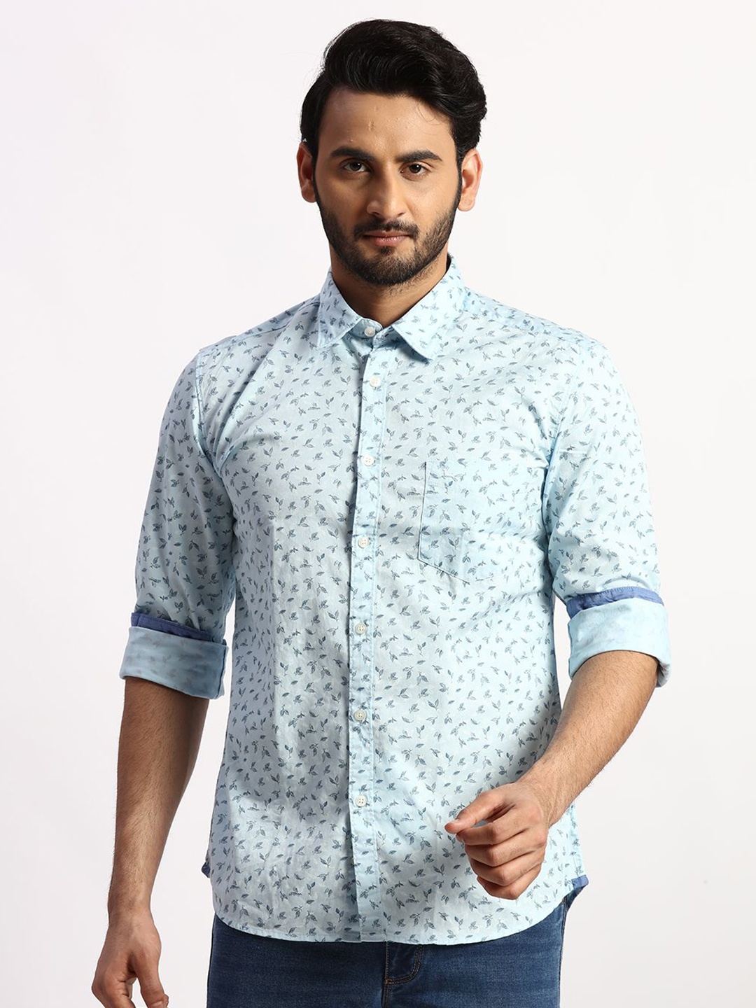 

Parx Men Slim Fit Floral Printed Opaque Spread Collar Casual Shirt, Blue