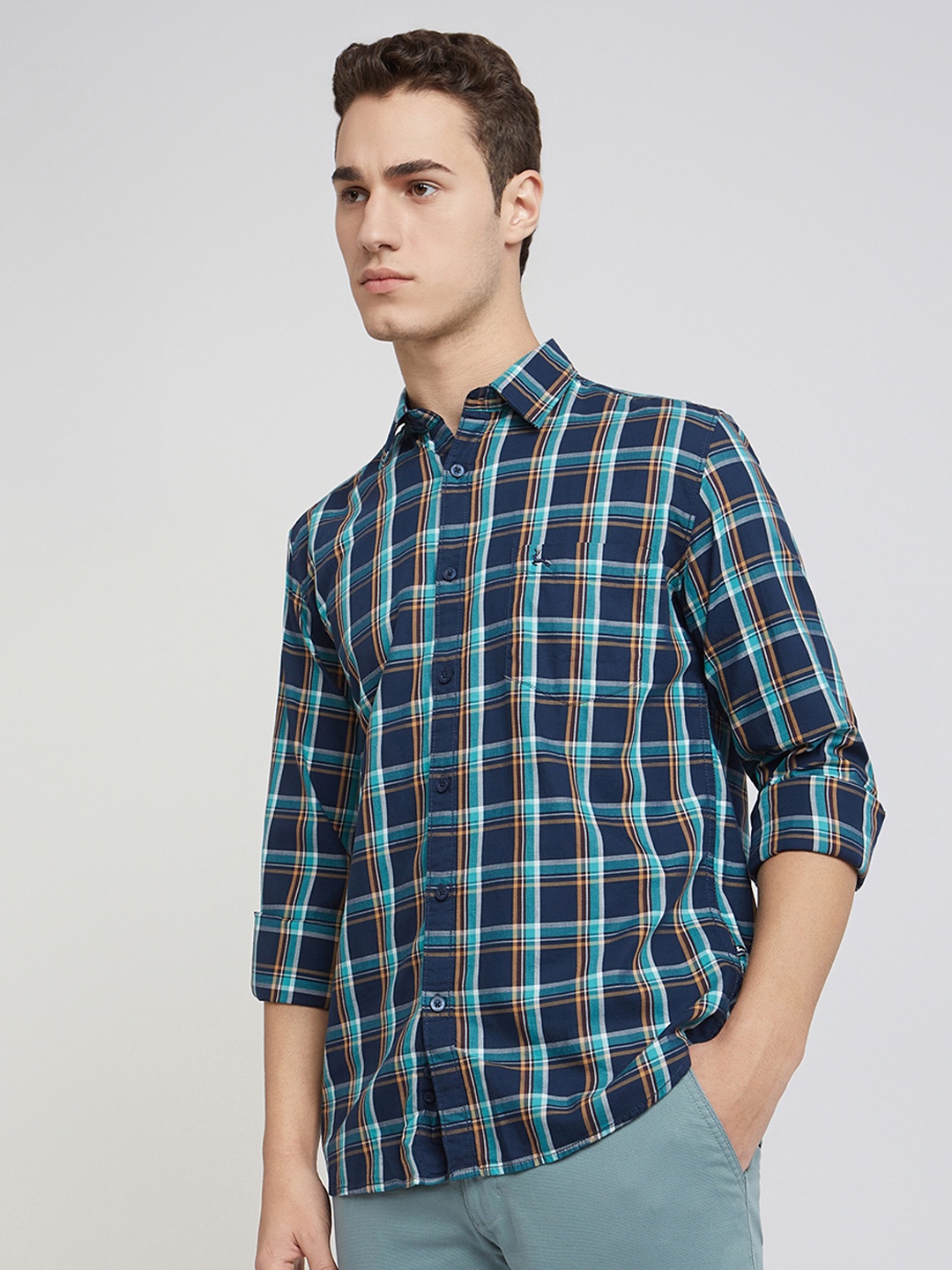 

Parx Men Slim Fit Tartan Checks Opaque Checked Casual Shirt, Blue