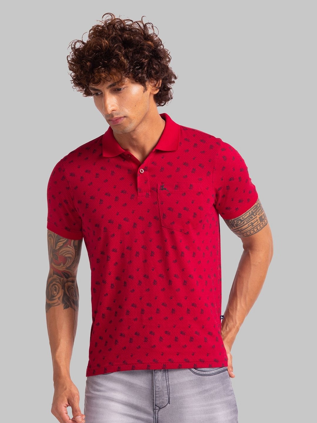 

Parx Men Micro Ditsy Printed Polo Collar T-shirt, Red