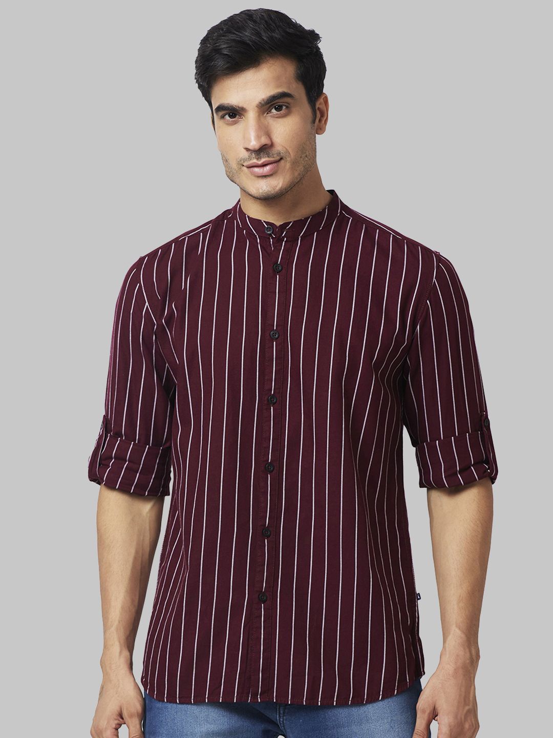 

Parx Men Slim Fit Striped Opaque Spread Collar Casual Shirt, Maroon