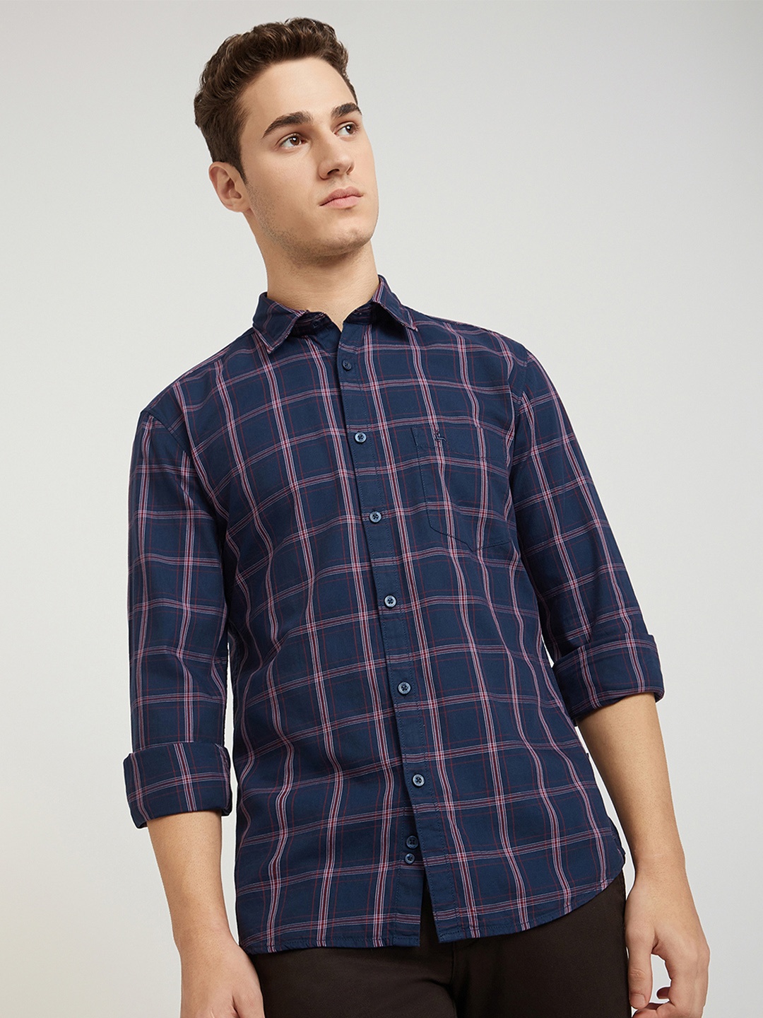 

Parx Men Slim Fit Windowpane Checks Opaque Checked Casual Shirt, Blue