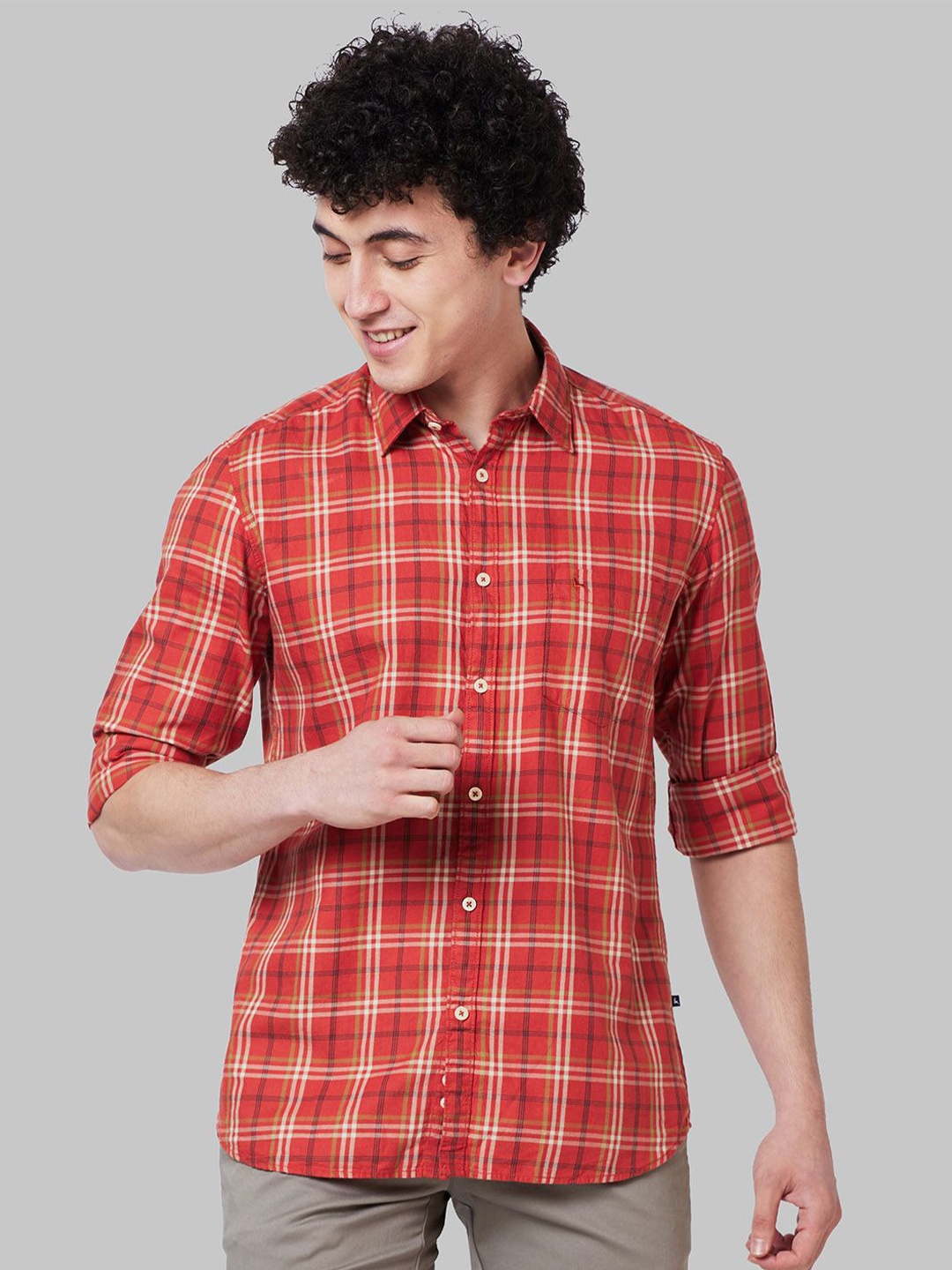 

Parx Men Slim Fit Tartan Checks Opaque Checked Casual Shirt, Orange