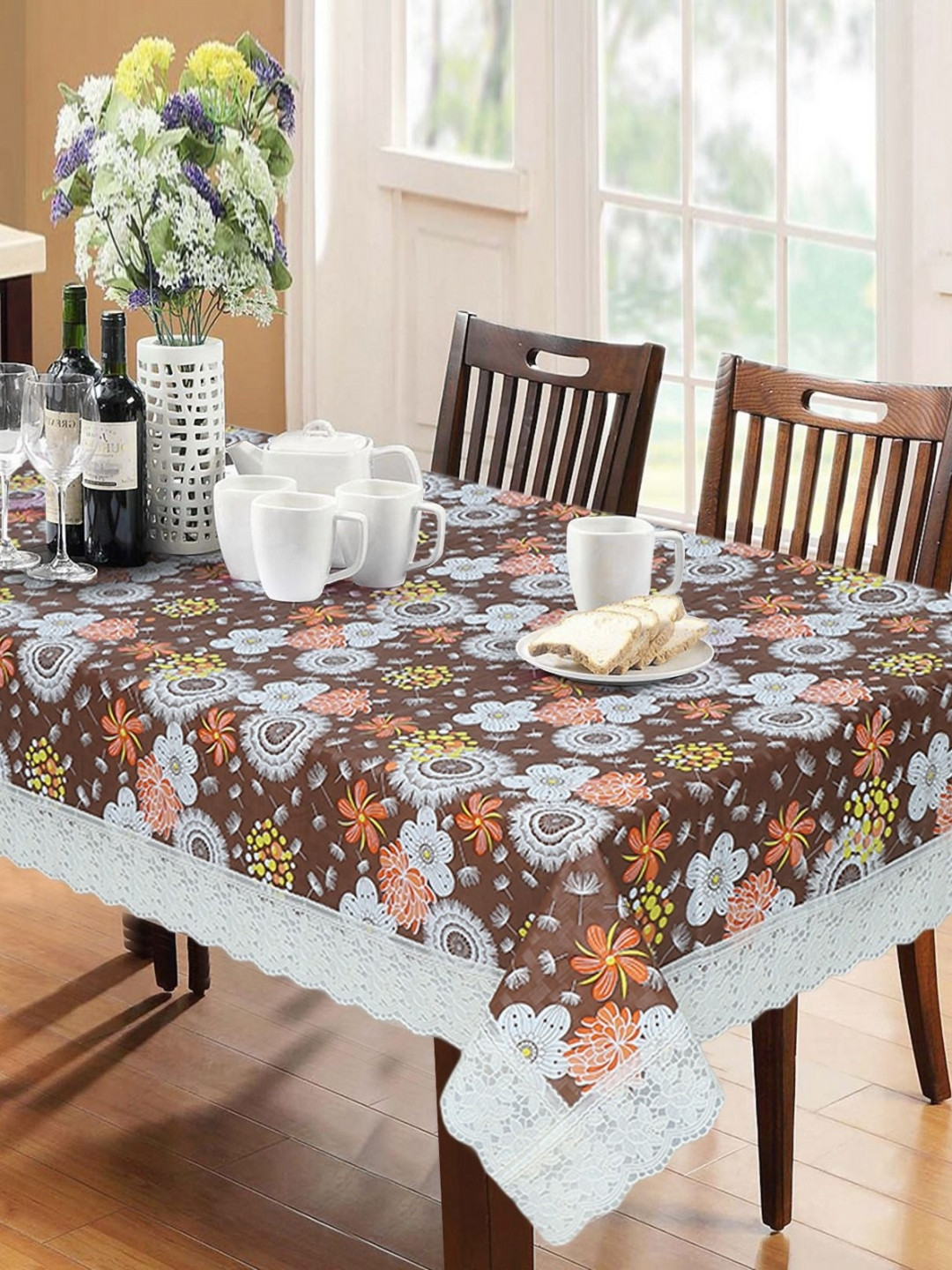 

Dakshya Industries Brown & White Floral Waterproof 6-Seater Table Cover
