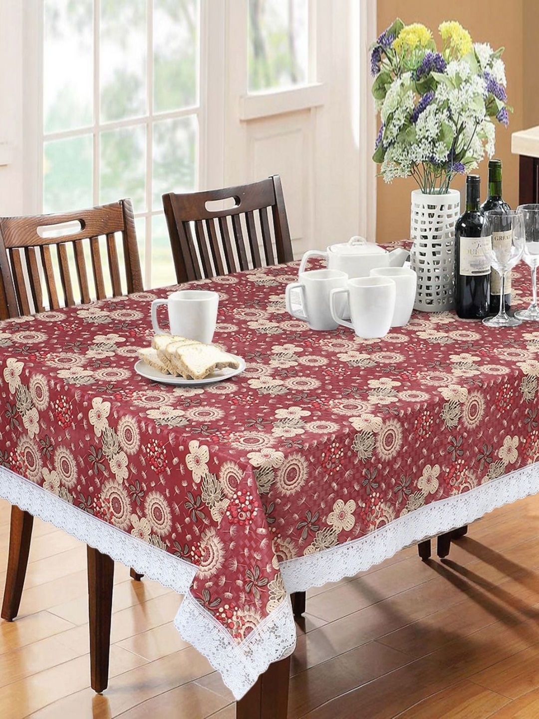 

Dakshya Industries Maroon & Beige Floral Waterproof 6-Seater Table Cover