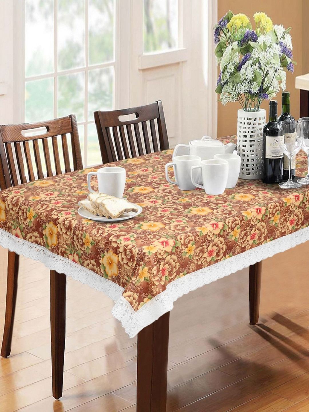 

Dakshya Industries Beige & Brown Floral Waterproof 6-Seater Table Cover