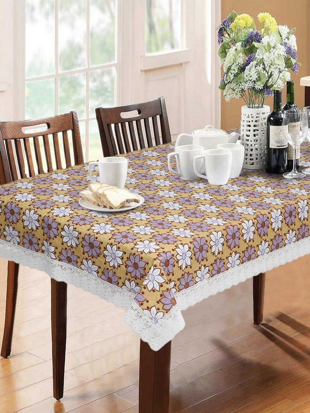 

Dakshya Industries Beige & White Floral Waterproof 6-Seater Table Cover