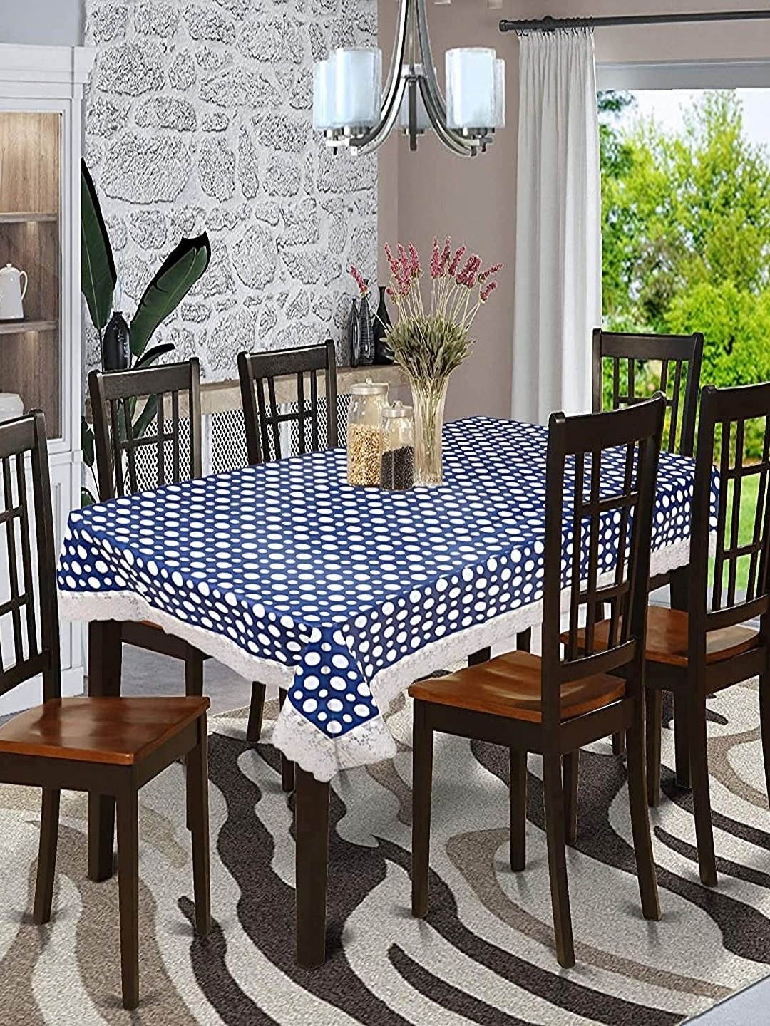 

Dakshya Industries Blue & White Geometric Waterproof Plastic 6-Seater Table Cover