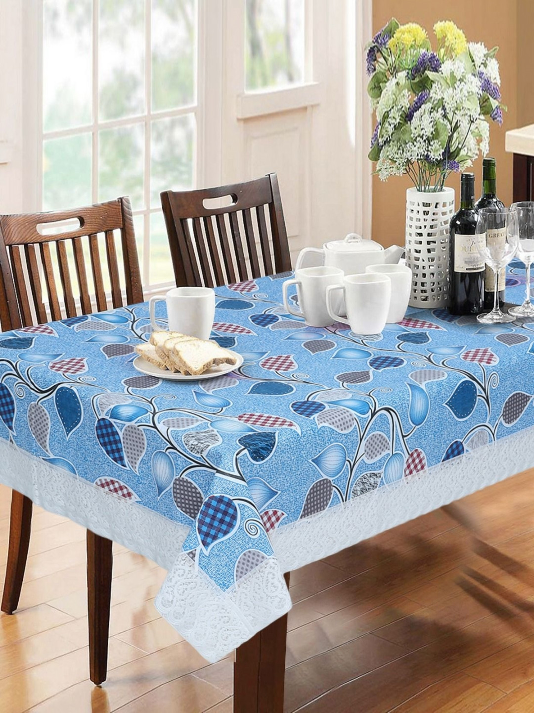 

Dakshya Industries Blue & Pink Floral Printed Waterproof 6-Seater Table Cover