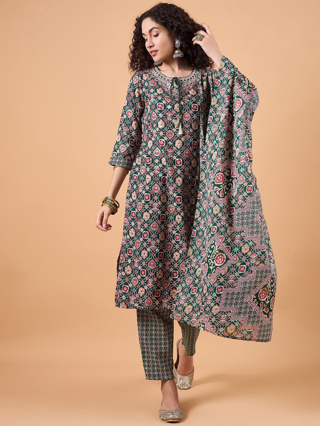 

swatika Ethnic Motifs Printed Mirror Work Straight Kurta with Trousers & Dupatta, Green