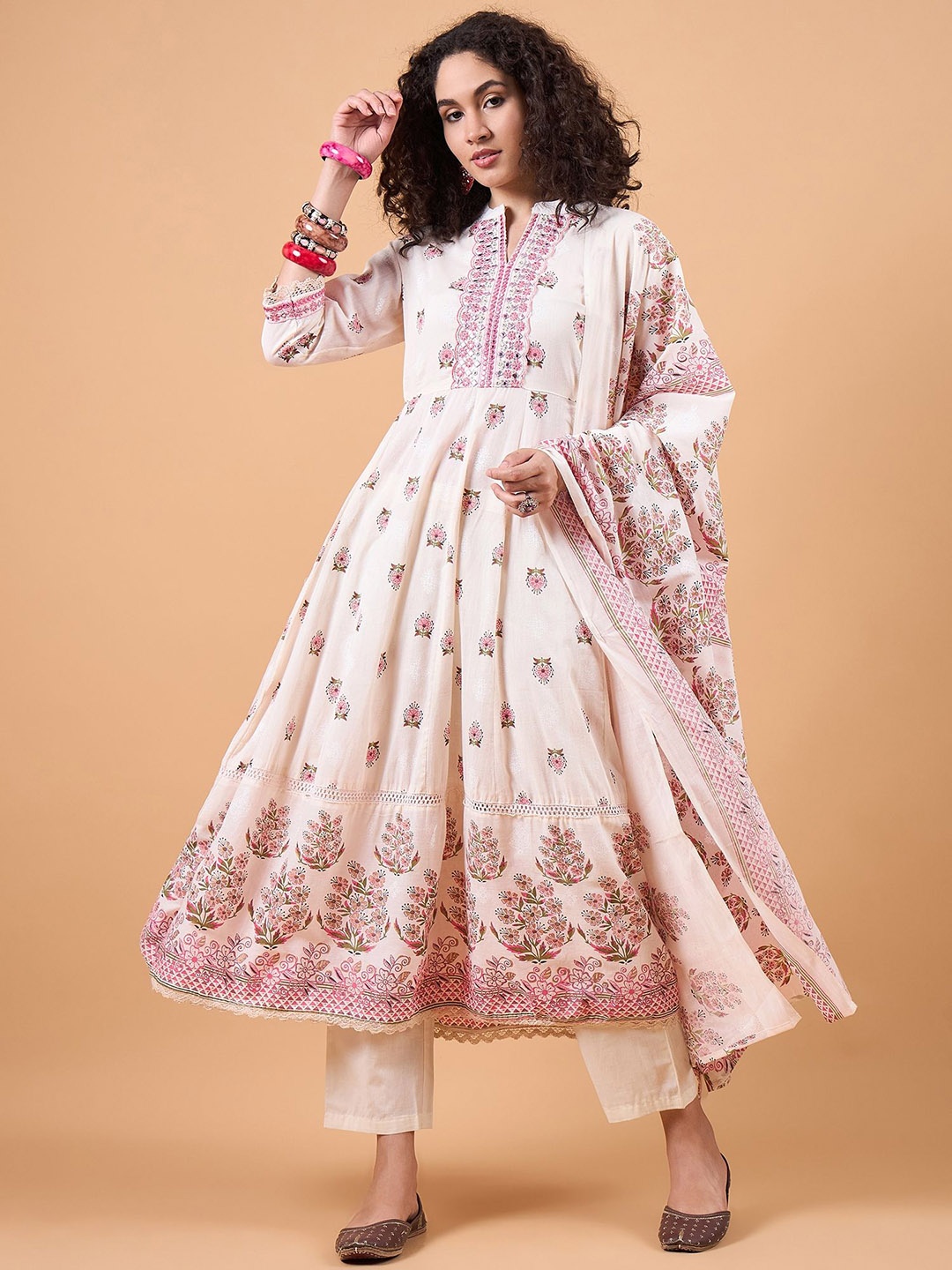 

swatika Printed Mirror Work Pure Cotton Panelled Anarkali Kurta With Trousers & Dupatta, White