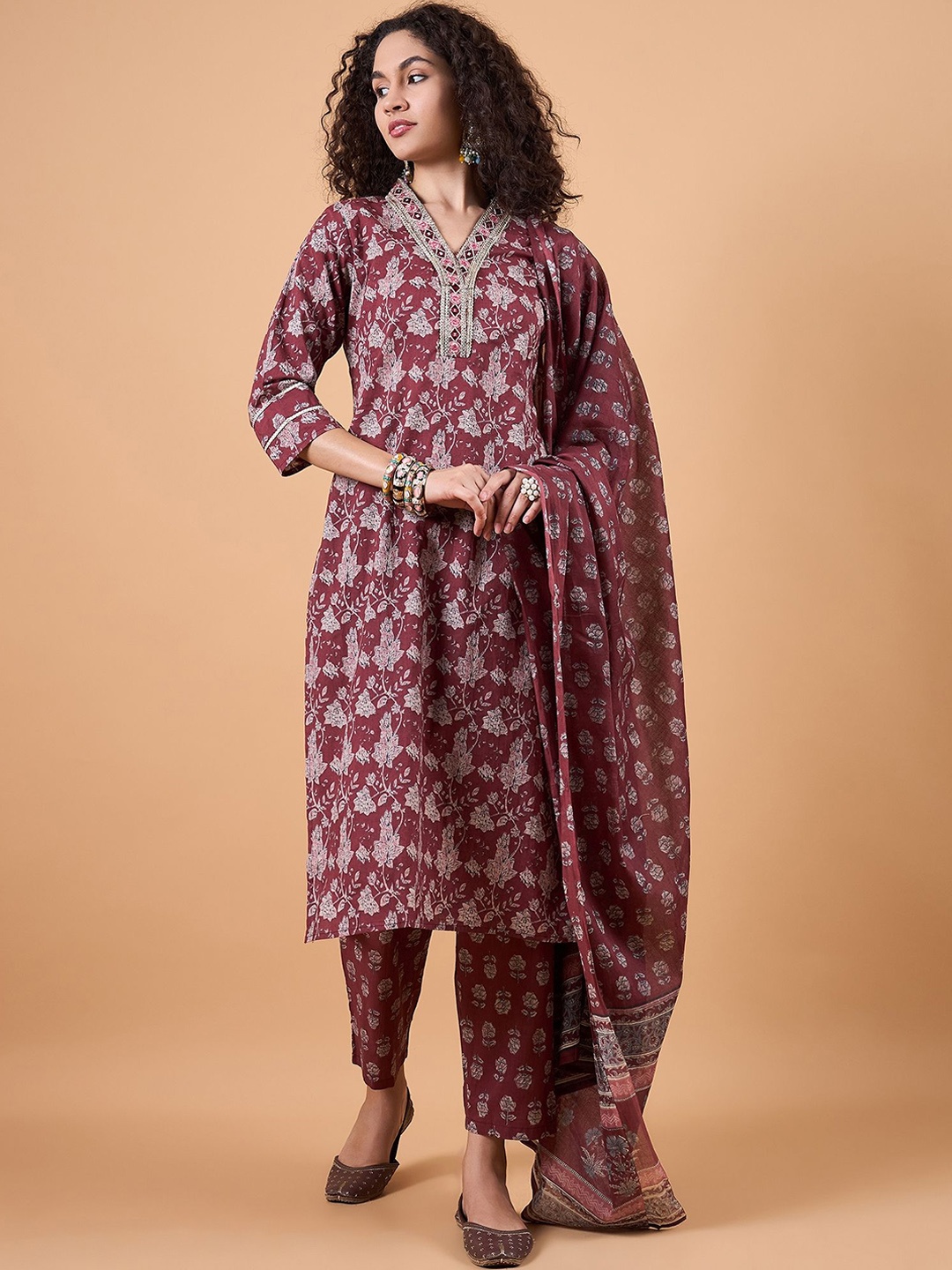 

swatika Floral Printed Gotta Patti Pure Cotton Straight Kurta With Trousers & Dupatta, Maroon