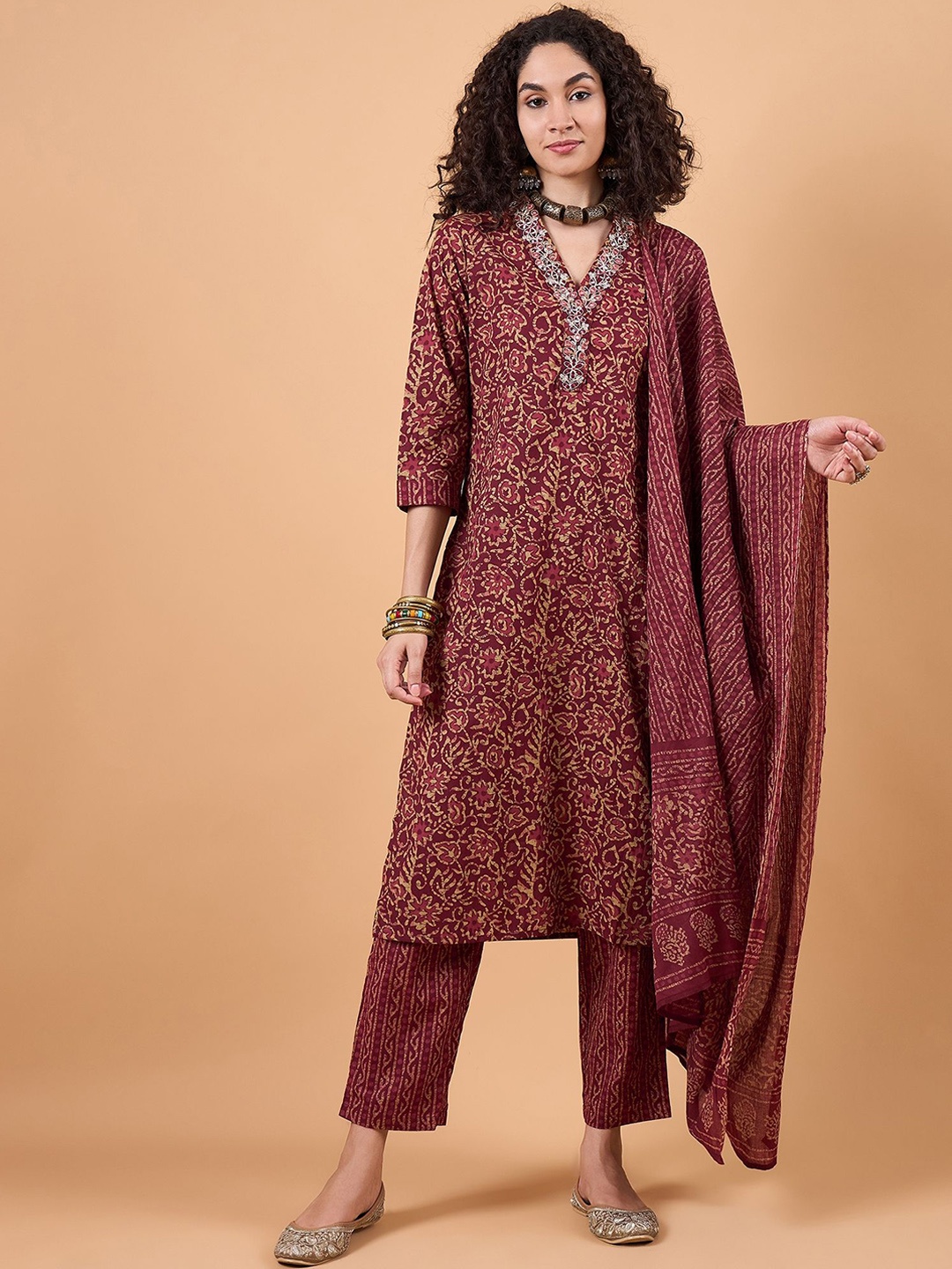 

swatika Floral Printed Mirror Work Pure Cotton Straight Kurta With Trousers & Dupatta, Maroon