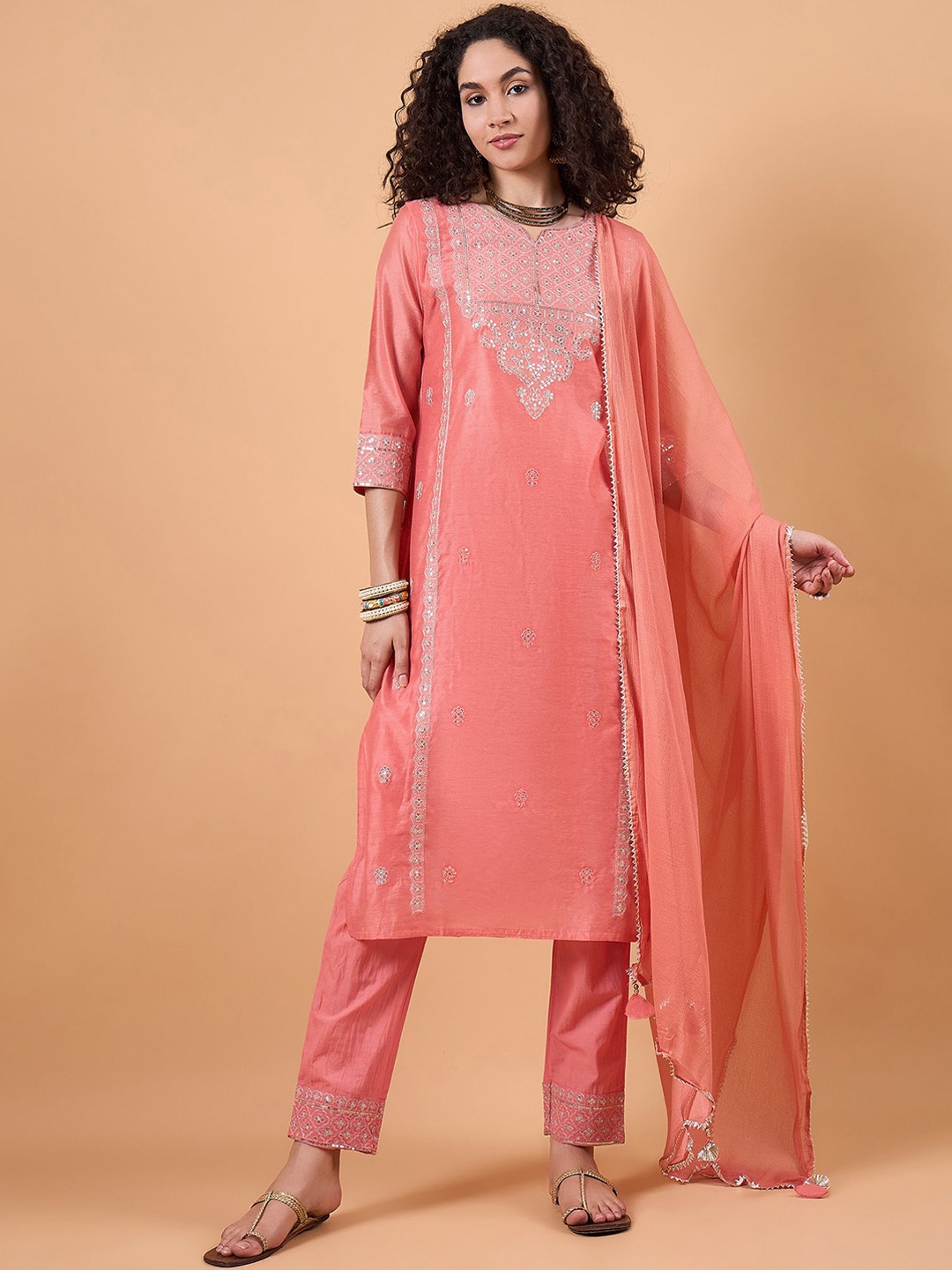 

swatika Floral Embroidered Zari Straight Kurta With Trousers & Dupatta, Peach