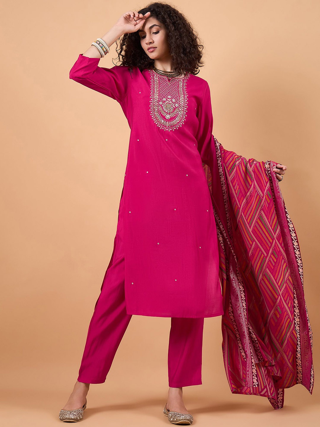 

swatika Floral Yoke Design Zardozi Pure Silk Kurta With Trousers & Dupatta, Pink