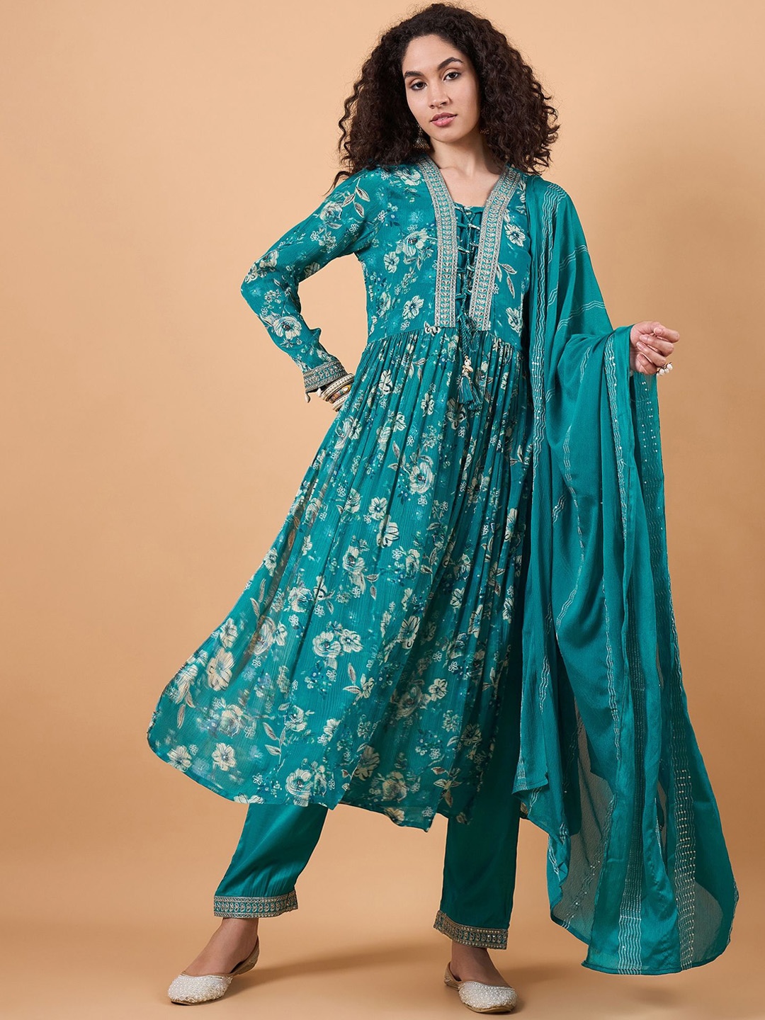 

swatika Floral Printed Sequinned Thread Work Pleated A-Line Kurta with Trousers & Dupatta, Blue