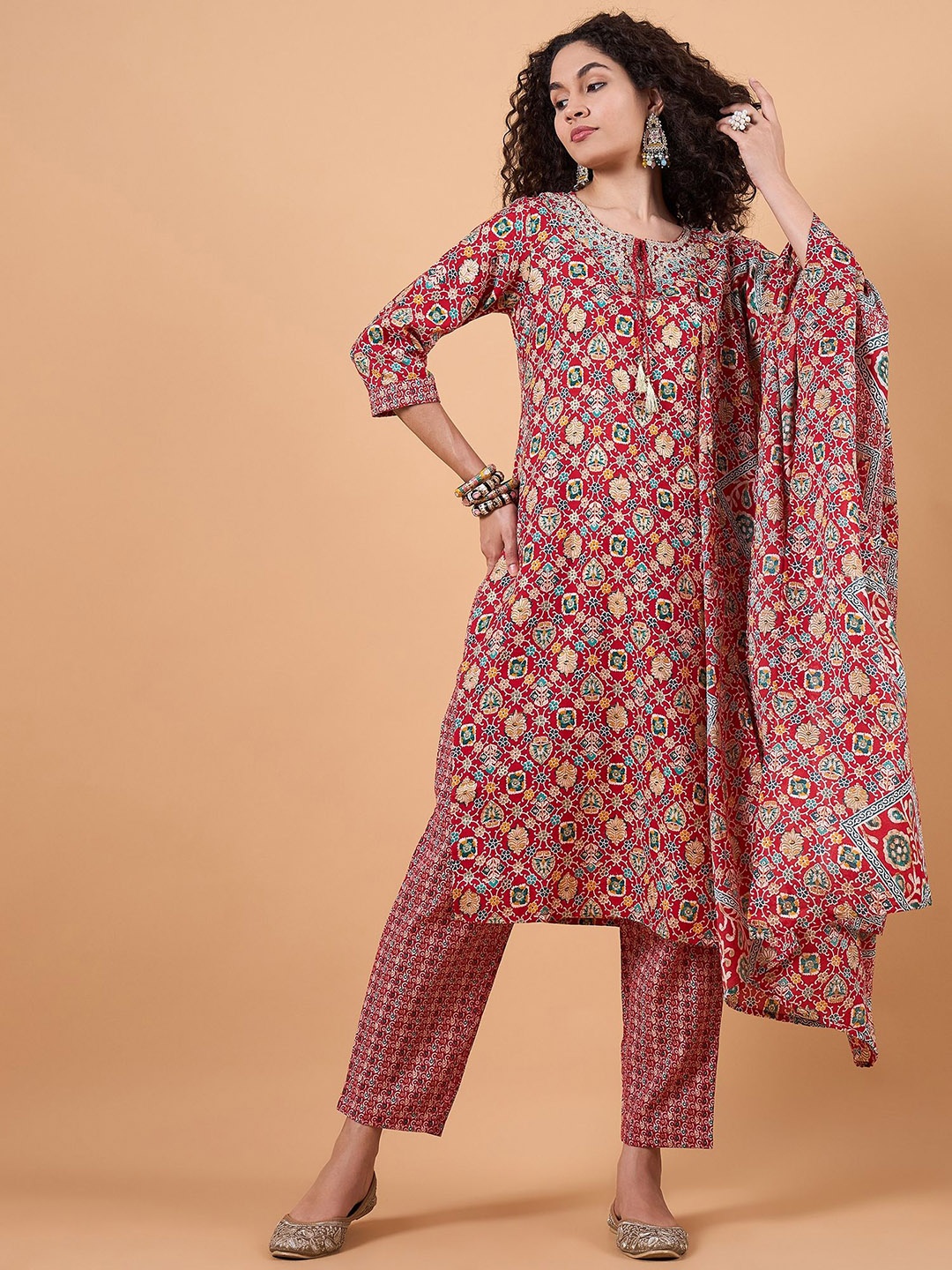 swatika Ethnic Motifs Printed Mirror Work Straight Kurta With Trousers & Dupatta, Red