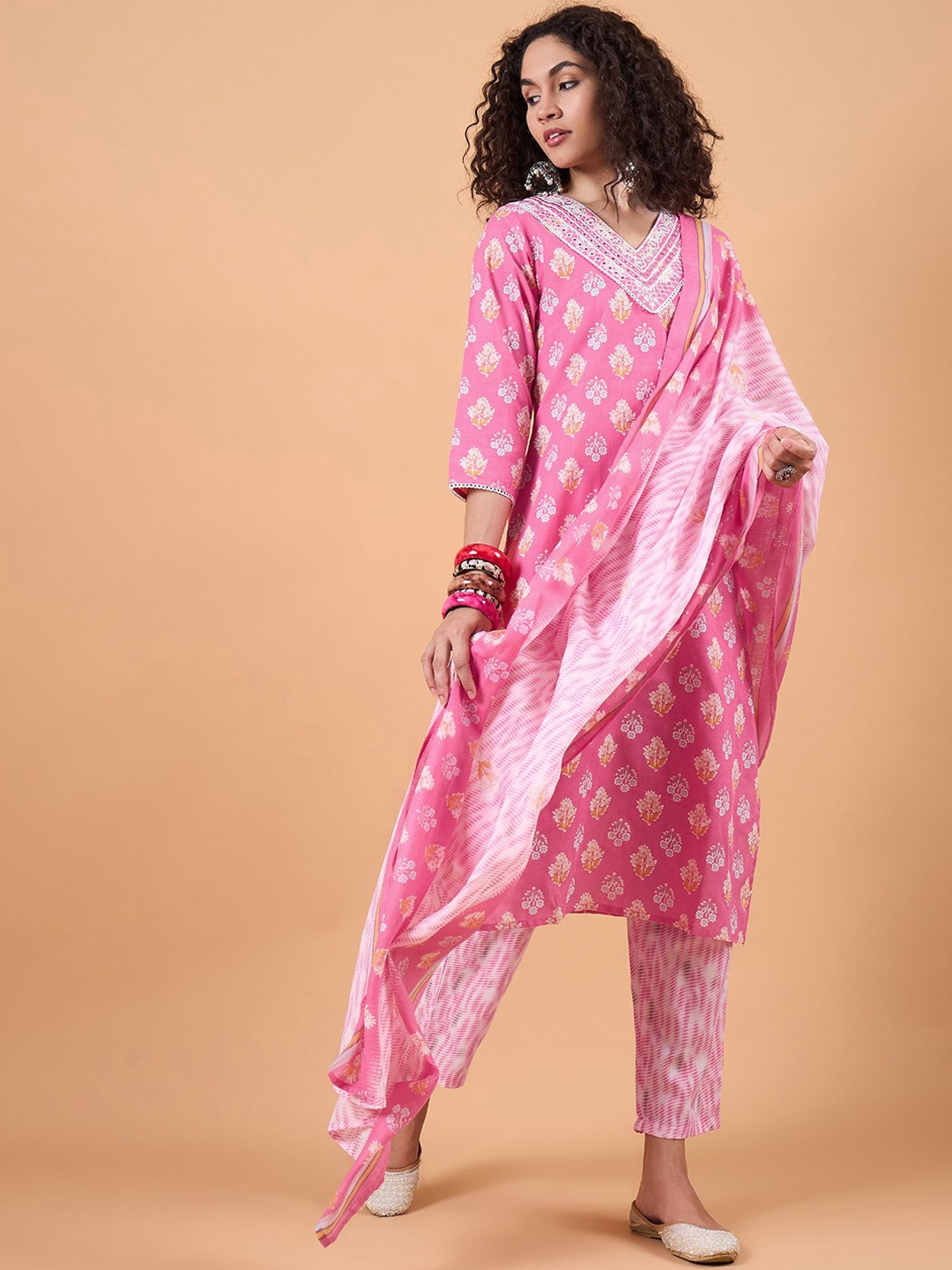

swatika Floral Printed Mirror Work Pure Cotton Straight Kurta With Trousers & Dupatta, Pink