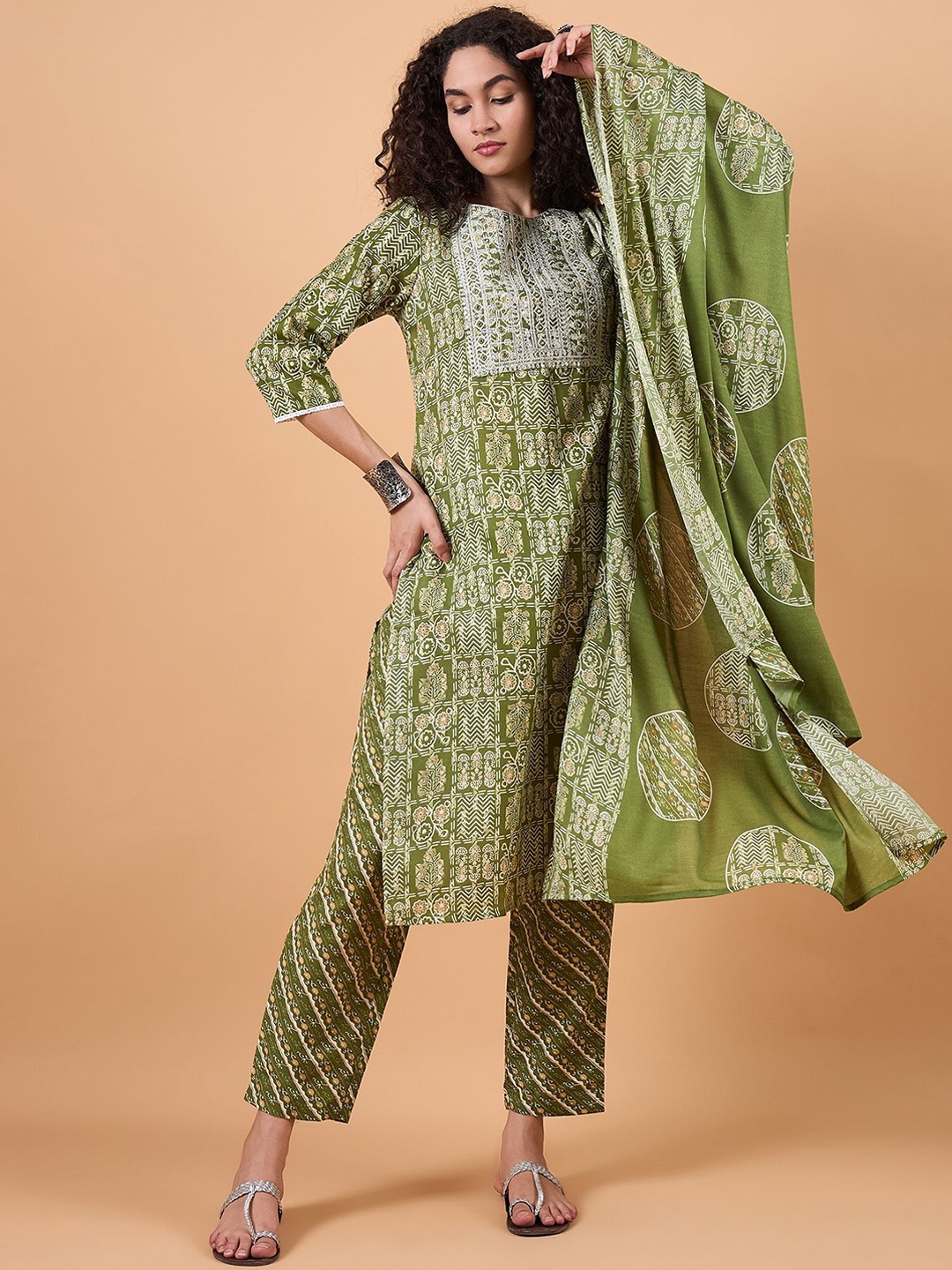 

swatika Floral Printed Mirror Work Pure Cotton Straight Kurta with Trousers & Dupatta, Green