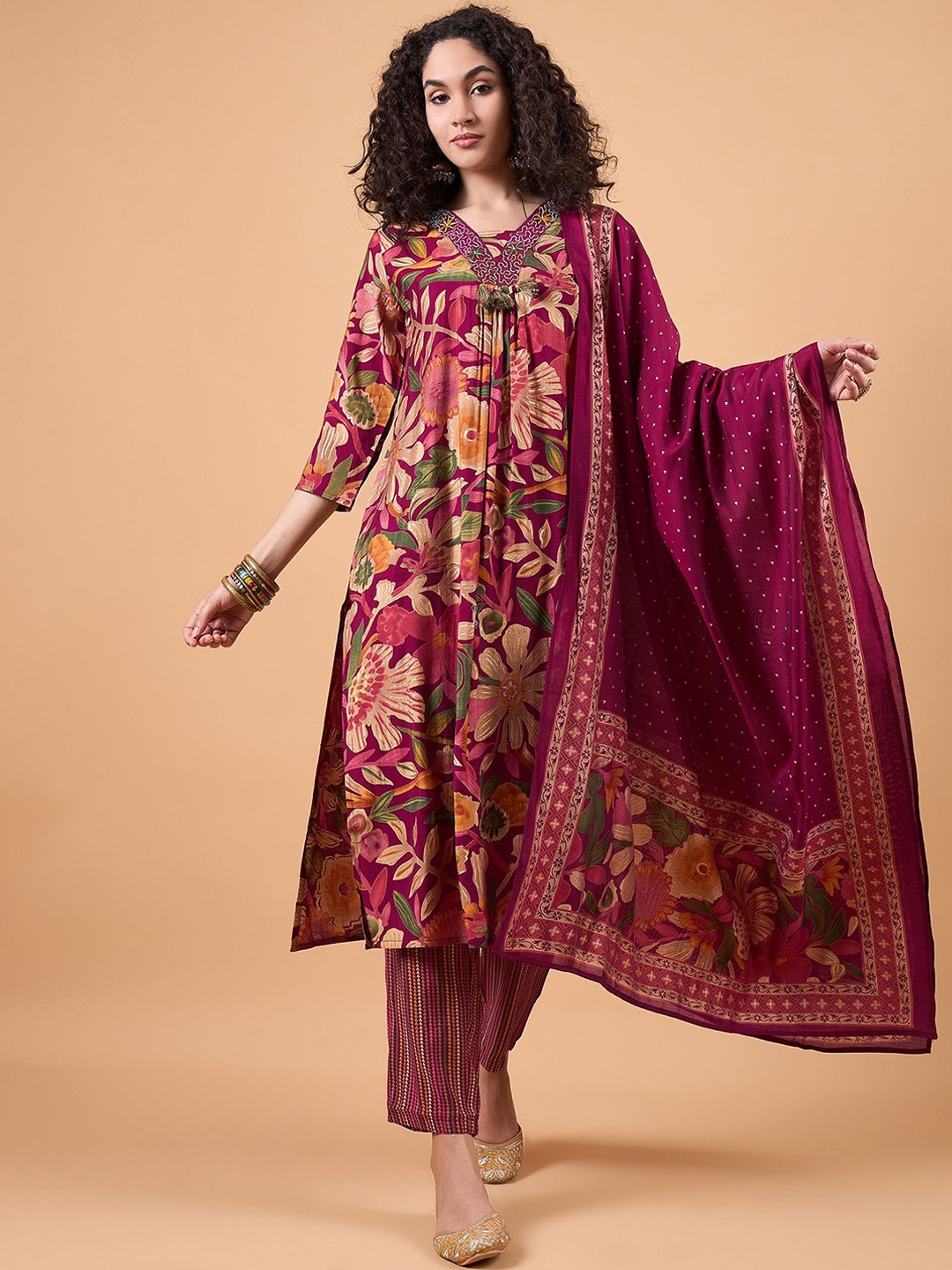 

swatika Printed Beads & Stones Empire Straight Kurta With Trousers & Dupatta, Maroon